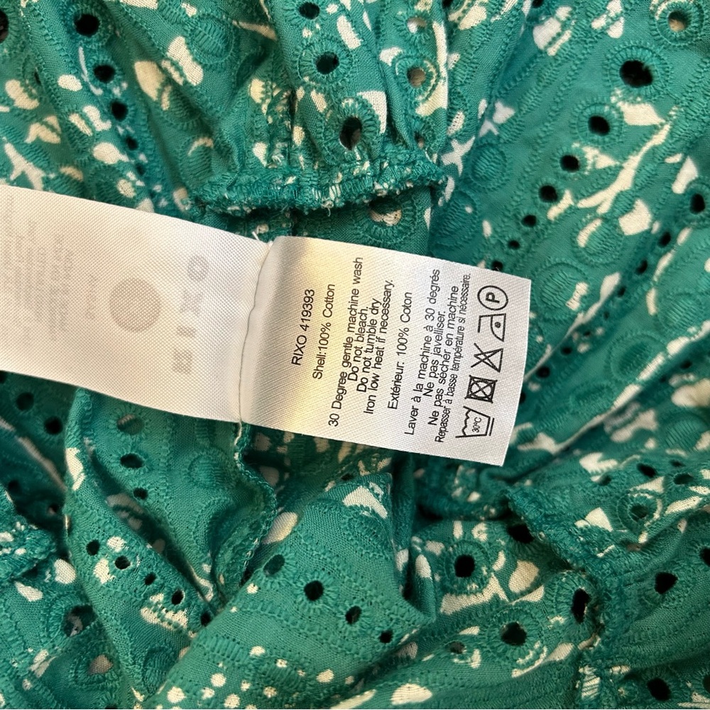 Rixo Sasha Teal Eyelet Mini Dress Small Puff Sleeve Resort Wear Coquette Beach - Picture 9 of 11